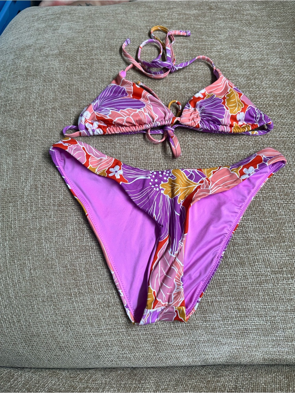 Roxy Floral Triangle Bikini Set in Purple, Pink, Orange, Yellow